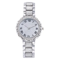 Macro detail of silver alloy watch face with floral rhinestones and Roman numerals - Silver