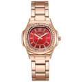 Close-up of rose gold watch with sunray red dial and diamond-set bezel detail - Red