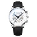 Detail of Geneva quartz watch with white dial, sub-dials and black leather strap - Black Strap Silver Case White Dial