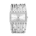 Elegant silver square quartz watch for women with rhinestone bezel and hollow bangle strap - Silver