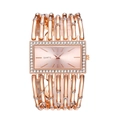 Rose gold rectangular quartz watch with rhinestone bezel and unique openwork bracelet strap - Rose Gold
