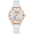 Women's quartz watch with white leather strap and rose gold case featuring cartoon silhouette - White