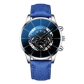 Detail view of the Geneva men's watch featuring a blue textured leather strap and silver case - Blue Strap Silver Case Black Dial