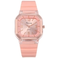 Pink square quartz watch with silicone strap and rose gold trim on white background - Pink