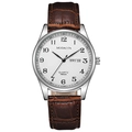 Detail view of quartz watch featuring a white textured dial with day and date calendar display - Leather Strap Large / Brown