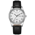 Classic men's quartz watch with silver alloy case, white textured dial and black leather strap - Leather Strap Large / Black