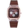 Detail of coffee square dial with rose gold case and brown silicone strap on quartz watch - Brown