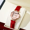 Women's rose gold octagonal quartz watch with red crocodile leather strap and diamond lugs - Red Strap White Face