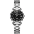 Close-up van zilveren stalen horloge met zwarte ruitjeswijzerplaat en datum - Zwarte Wijzerplaat Klein