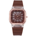 Detail of square quartz watch with brown silicone strap and rose gold frame accents - Brown