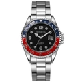 Men's steel watch with black dial and blue-red rotating bezel showing date and markers - Red
