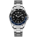 Men's quartz watch with black dial, blue-black GMT bezel and silver steel strap - Blue