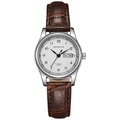 Macro view of men's quartz watch showing white textured dial and day-date display window - Leather Strap Small / Brown