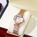 Elegant rose gold ladies quartz watch with octagonal case and rhinestone hour markers - White