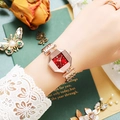Elegant rose gold women watch with octagonal glass bezel and red dial with rhinestones - Red