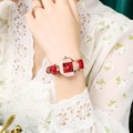 Women's octagon rose gold watch with red leather strap and rhinestone dial markers - Red