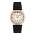 Close-up of rose gold rhinestone bezel and black textured silicone strap watch - Black