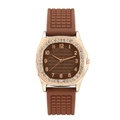 Close-up of rose gold rhinestone bezel and textured brown silicone watch strap - Brown