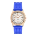 Dettaglio orologio quadrato oro rosa con lunetta di cristallo e cinturino blu - Blu