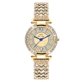 Close-up of golden luxury women's quartz watch with sparkling diamonds and sunray dial - Gold