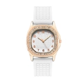 Macro detail of square rose gold rhinestone watch case with white textured rubber strap - White