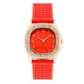 Detail of rose gold rhinestone square watch case with red globe pattern dial - Red