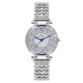 Luxury silver women's bracelet watch with sparkling rhinestones and blue roman numerals - Silver