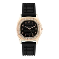 Detail of rose gold square case with crystal bezel and textured black silicone strap - Black