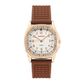 Detail of rose gold square case with crystal bezel and brown textured silicone strap - Brown
