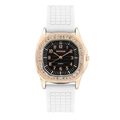 Dettaglio orologio quadrato oro rosa con strass e cinturino in silicone bianco - Bianco