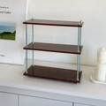 Detailed view of a 3-tier desktop organizer with dark wood grain and silver metal rods - Triple Layer