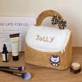 Detail of suede house makeup bag with fluffy flap, jolly embroidery, and leopard bow - Suede Leopard