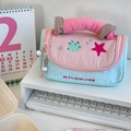 Detail of pink and blue polka dot stationery bag with sea element embroidery - Ocean Guava