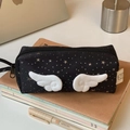 Black canvas pencil case with white wings and silver stars for students - Dotted Star Pencil Case - Black Wings