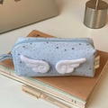 Light blue pencil case with white plush wings and silver star patterns for students - Dotted Star Pencil Case - Blue Wings