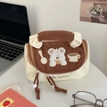 Brown corduroy pencil case with cute bear embroidery and milk lovely note design - Brown