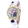 Women's quartz watch with rose floral dial, rhinestone bezel and white leather strap - White