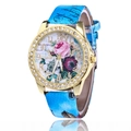 Vintage rose quartz watch with rhinestone bezel and sky blue stamped leather strap - Blue