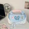 Blue plaid high-capacity pencil case with soft handle and floral embroidery detail - Blue