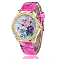 Macro view of rose pattern dial with rhinestone bezel and pink floral leather strap - Rose Red