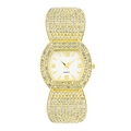 Luxurious gold tone tonneau watch for women with full rhinestone crystals and white dial - Gold