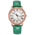Women's quartz watch with green leather strap, rose gold case, and rhinestone bezel - Green