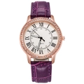 Detail of rose gold quartz watch with rhinestone bezel and purple faux crocodile leather strap - Purple