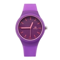Dettaglio dell'orologio sportivo in silicone viola con lancette rosa e quadrante pulito - Viola