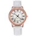 Elegant roségoud quartzhorloge met strass-bezel en witte leren horlogeband - Wit