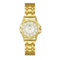 Women's gold quartz watch with rhinestone hour markers and faceted bezel on white background - Gold