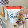 Vertical blue striped canvas pencil case with cute embroidery and ruffle trim detail - Blue