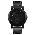 Hip-hop style all-black watch featuring a matte skull dial and white-stitched leather band - Black