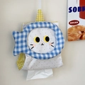 Hanging fabric tissue holder with cute embroidered cat face and blue fish details - Blue Plaid