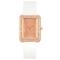 Orologio rettangolare oro rosa da donna con ghiera di cristallo e cinturino bianco - Bianco
